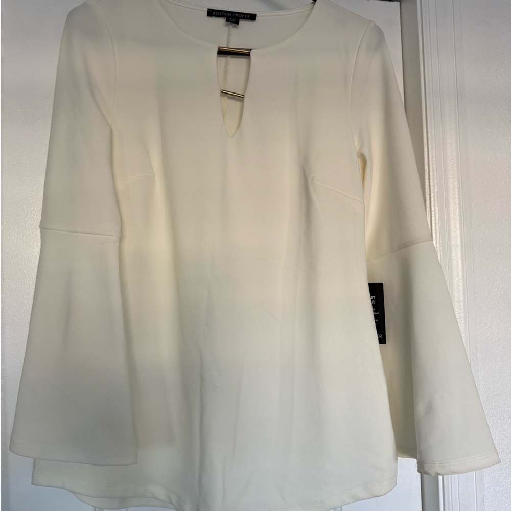 Boston Proper Cream Keyhole Long Sleeve Top